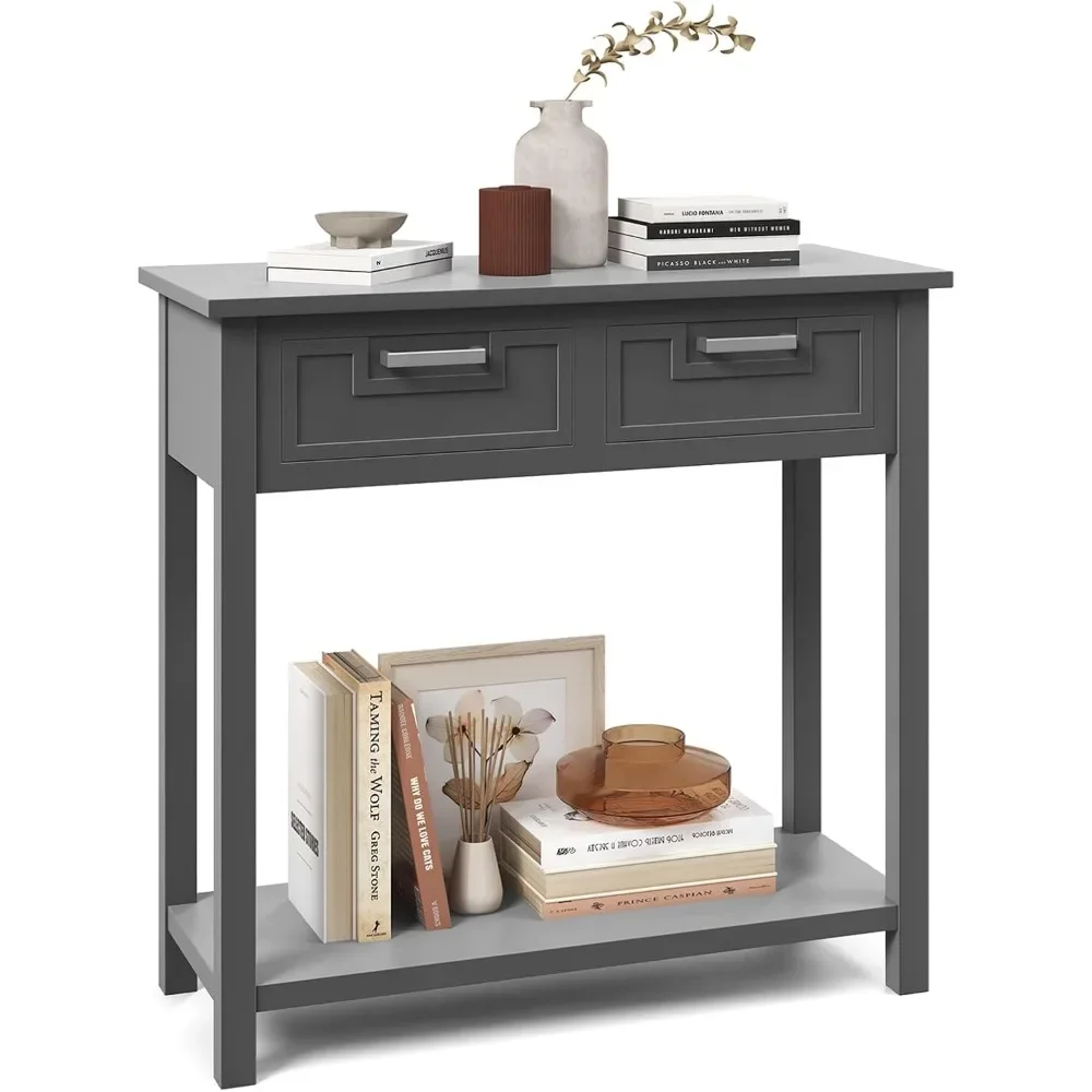 

Console Table with Storage, Wooden Small Entryway Table with 2 Drawers, Open Storage Shelf, Rubber Wood Legs