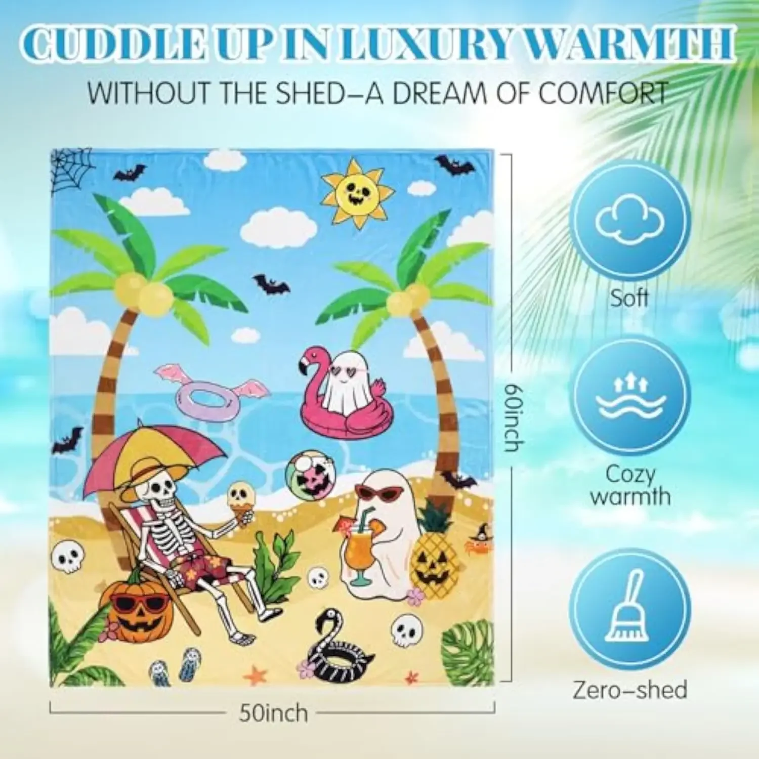 Summer Halloween Throw Blanket Soft Plush Skeleton Ghost Sea Ice Cream Webs Bat Pumpkin Blanket Cozy Flannel