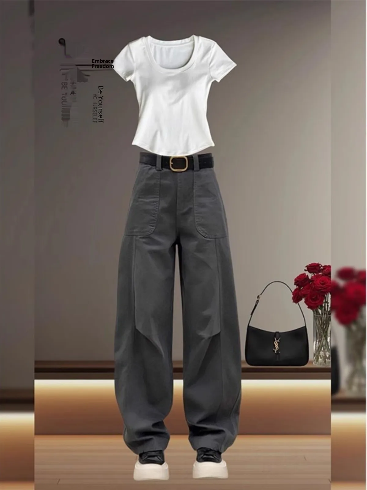 المرأة الخريف الشتاء Fce اصطف فضفاض صالح الجينز البضائع السراويل عالية الخصر السراويل الطويلة الكمثرى القرد الجسم التخسيس واسعة الساق الجينز #4