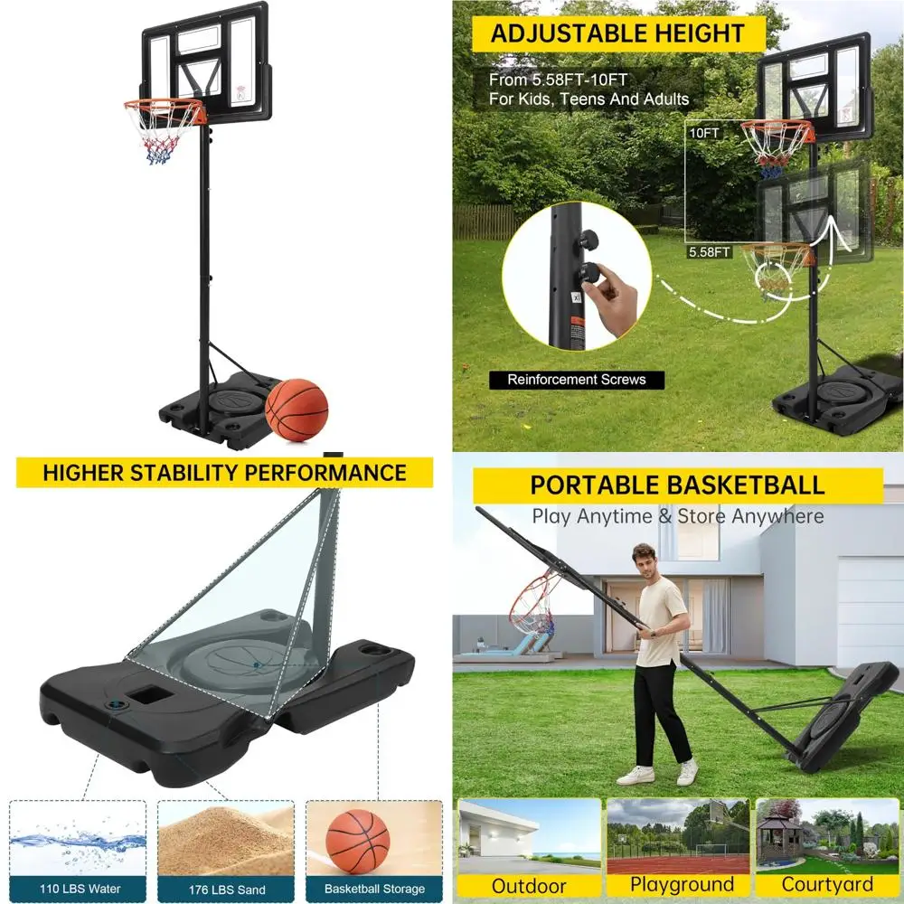 Sistema de portería de baloncesto portátil con altura ajustable, aro exterior de 4-10 pies, base ampliada y tablero de PC para cancha versátil