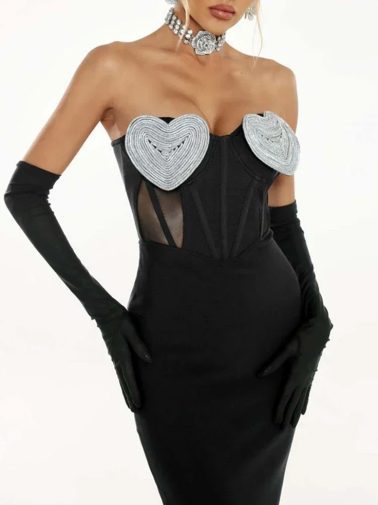 

JONN Sexy Strapless Mesh Heart Crystal Design Dress Black Diamond Heart Bodycon Midi Dress Women Celebrity Party Club