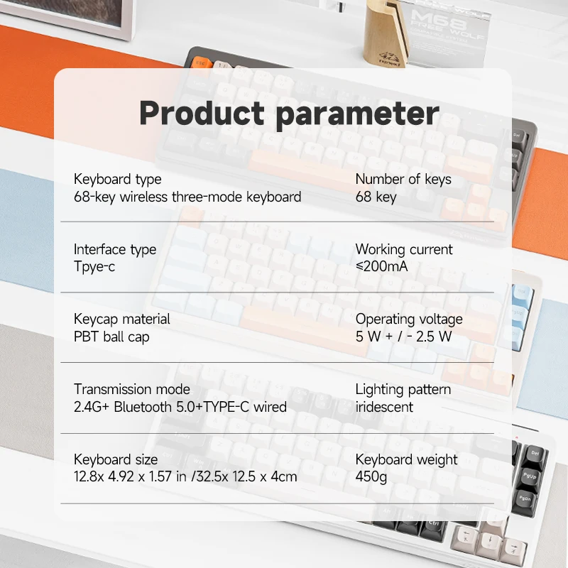 M68 Wireless Bluetooth Keyboard,FREEWOLF 68-key Tri-mode Connection,PBT keycaps,2000mA Long Battery Life,Multidevice Connection