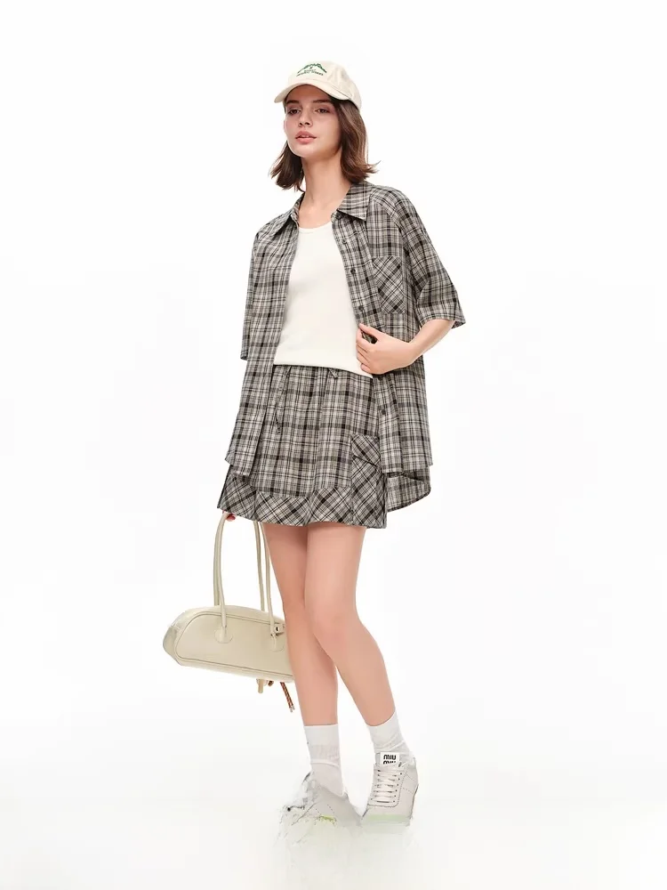 

Fashionable Loose High Waist Short Sleeve Shirt And Skirt Set Women's Retro Plaid Ensemble Summer New Arrival Two Piece Suit
