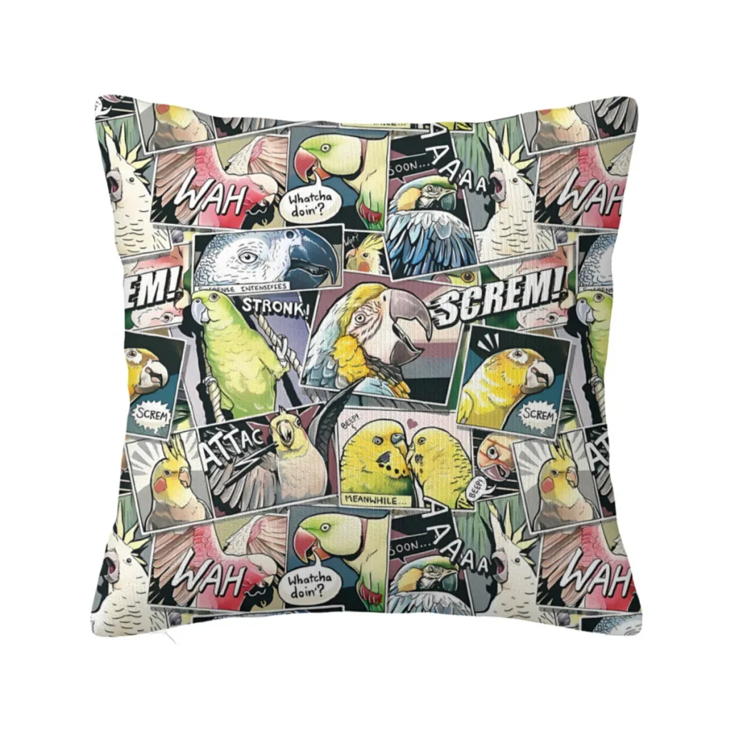 Parrots Comic Style Throw Pillow Case Cockatiel Backpack Coussin Covers DIY Printed Kawaii Sofa Decor