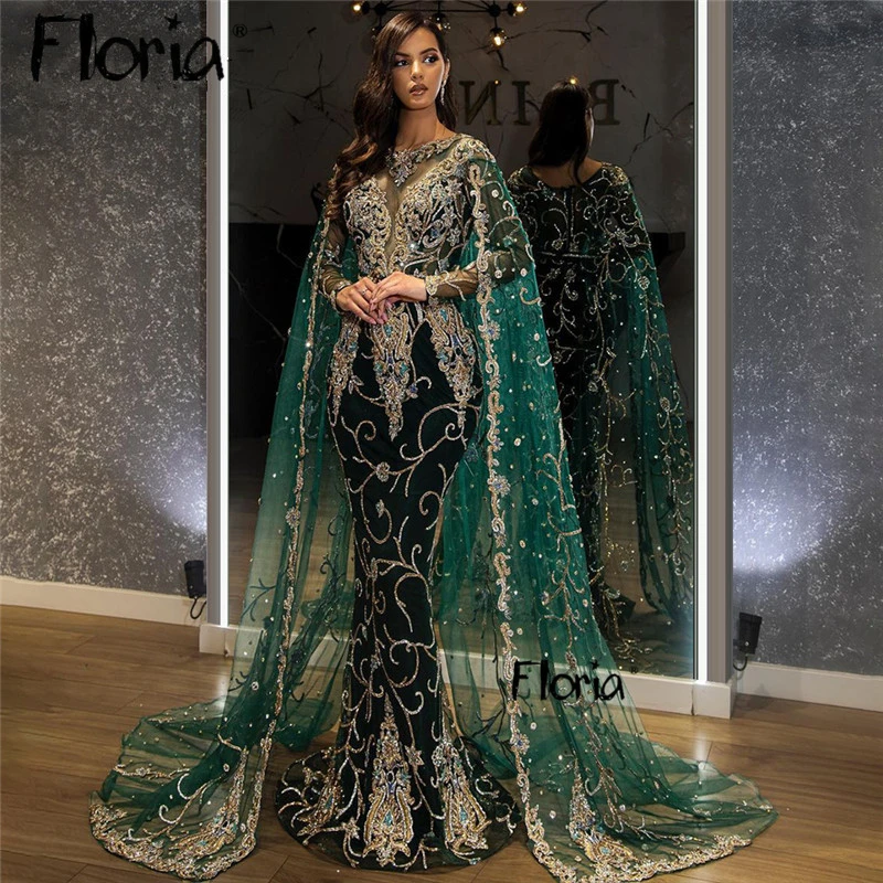 Floria Sparkly Green Embroidery Evening Dress Caped Sleeve Muslim Luxury 2024 Women Sequins Prom Gowns For Wedding Custom Made