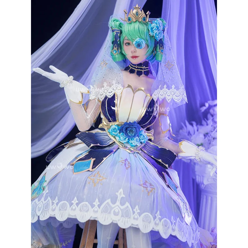 CyL-O-L Gwen Gwem 크리스탈 로즈 코스프레 의상 가발 게임 Gwem 글로우 드레스 새로운 스킨 섹시한 여성 할로윈 코스프레 의상 스타킹