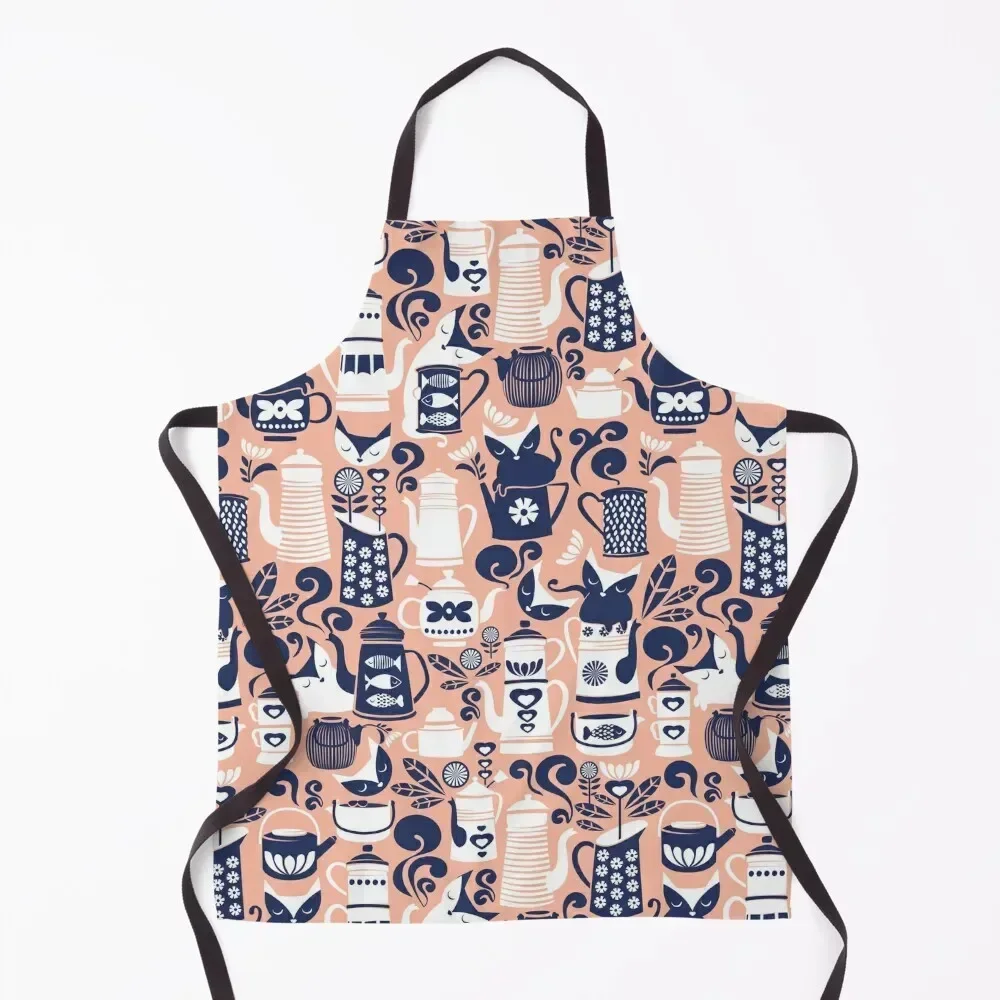 

Folk Tea Invitation // flesh marine blue and white cats Apron Waiter Uniforms Chef Uniform Woman Manicurists Apron
