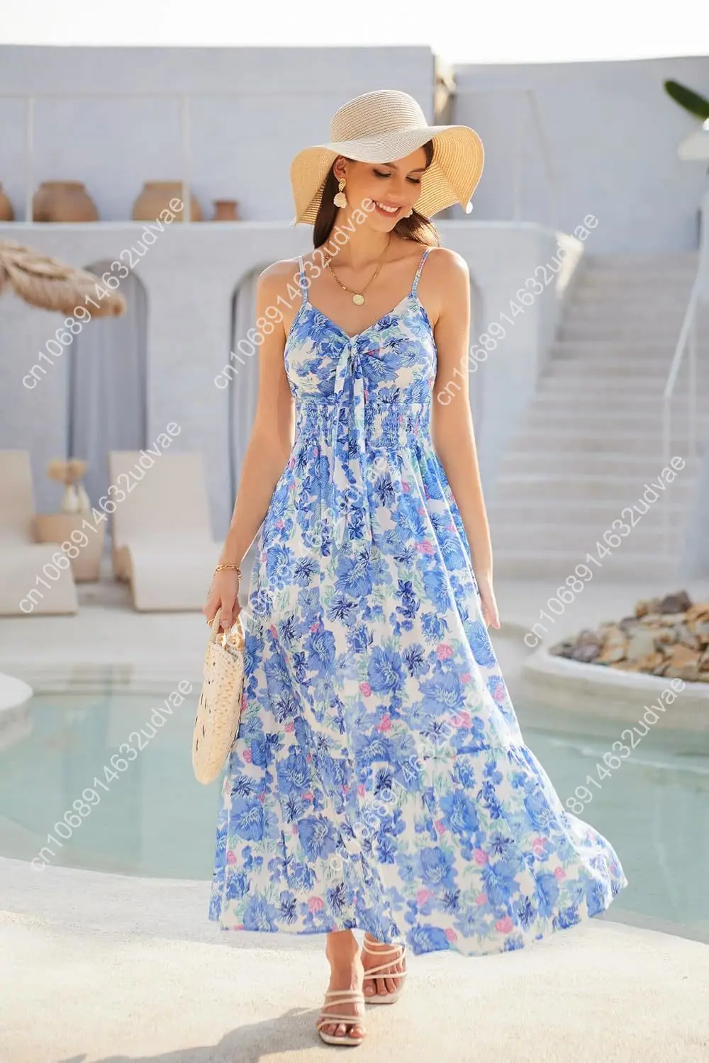 Women's 2025 Summer Maxi Dress Floral Tie Front Spaghetti Strap Casual Boho Beach Flowy Sundress with Pockets
