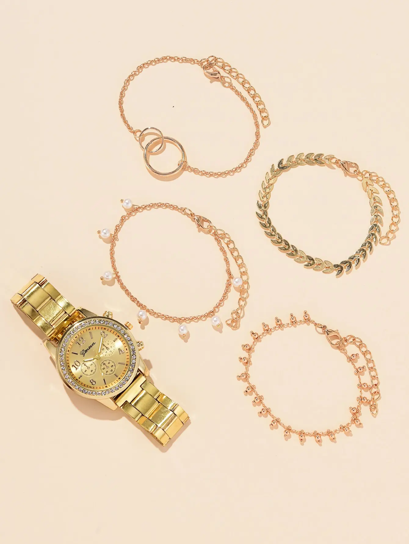 5PCS Gold Round Quartz Watch Women Fashion 3 Eyes Alloy Strap Gift Rhinestone Watch For Women Jewelry Set