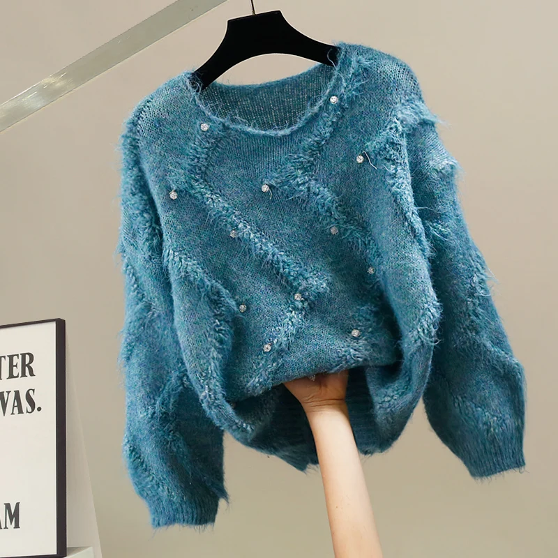 

Корейский вязаный свитер с крупными бусинами, свободный крой, длинный рукав, модный повседневный теплый осенне-зимний топ с круглым вырезом для женщин