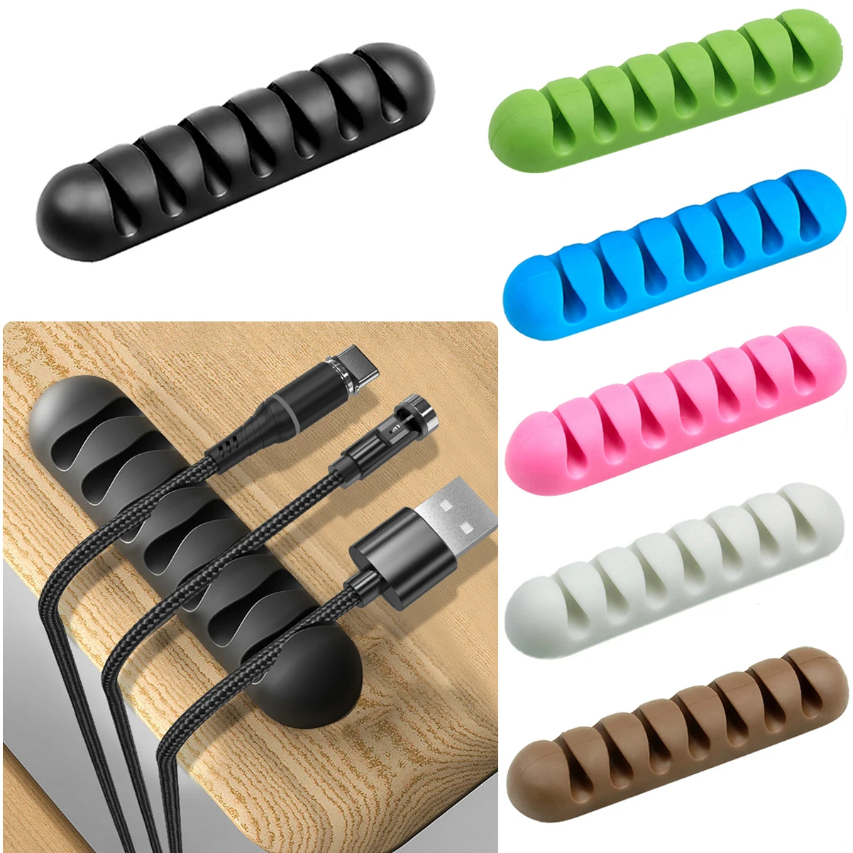 7 Holes USB Cable Organizer  Cable Clamp  Wire Winder Headphone Earphone Holder Cord Silicone Clip Phone Line Desktop Management