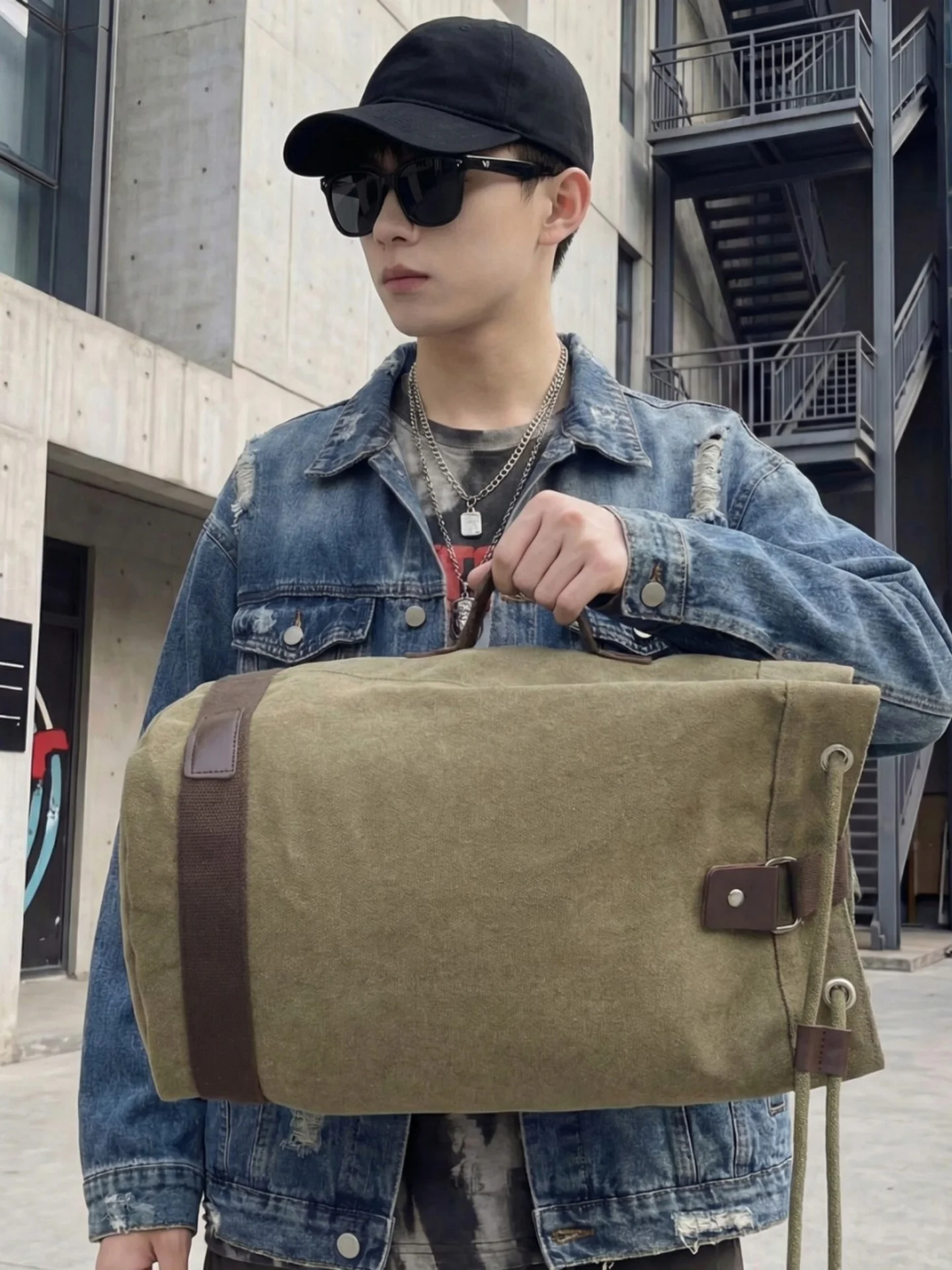 Picture 6: 2026 New Canvas Outdoor Travel Backpack Men's Large Capacity Drawstring Simple Leisure Trendy Double Shoulder Bag Casual