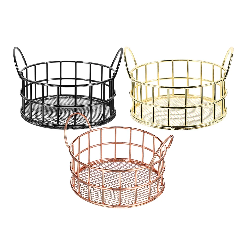 

3pcs Storage Basket Metal Wire Organizer Round Desktop Box For Office Home Sundries Storage Mesh Container Farmhouse Style