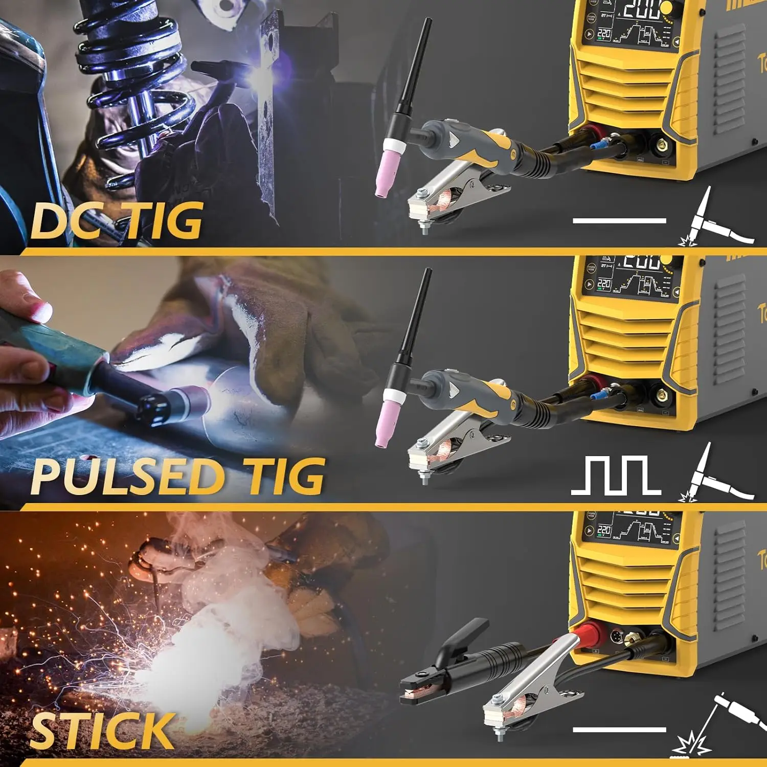 TIG-lasapparaat met puls Multifunctionele TIG-lasmachine DC TIG / Spot TIG / Pulse TIG / Stick 110 & 220V Dubbele spanning met grote cijfers