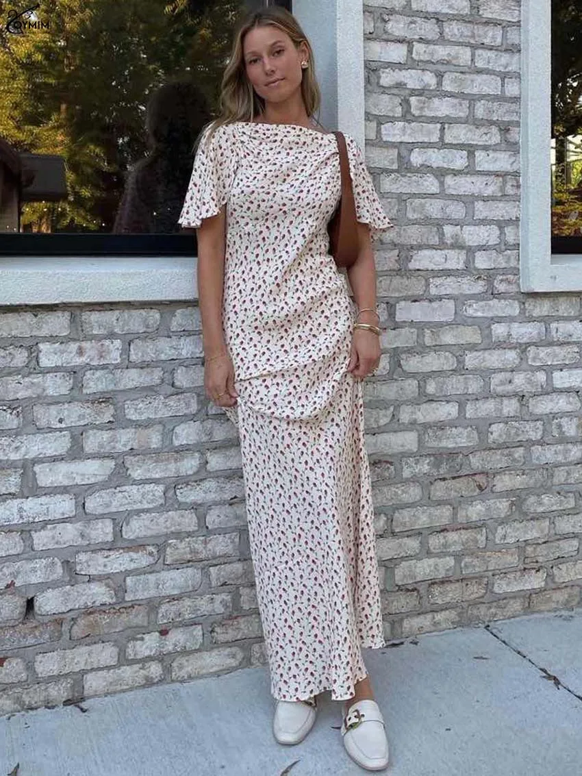 

Oymimi Elegant Beige Print Dresses 2025 Woman Fashion O-Neck Short Sleeve Open Back Dresses Casual Straight Ankle-Length Dress