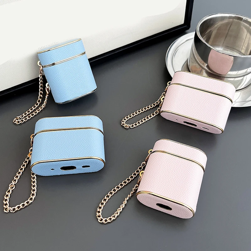 Luxury Metal Leather Sleeve Cute Earphone Case For Airpods 1 2 3 With Wrist Strap Case For Airpods Pro 2 Charging Box Soft Cover