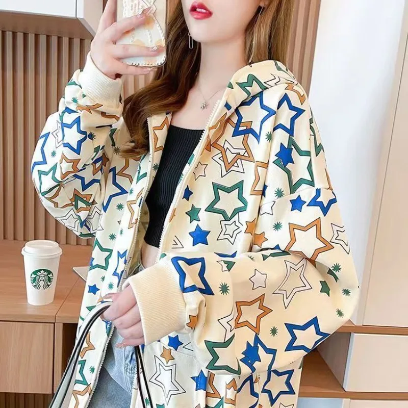 Stars Graphic Female Hooded Top Full Zip Up Coat Emo Korean Fashion Designer Matching Kpop Oversize Women's Hoodies Sweatshirts