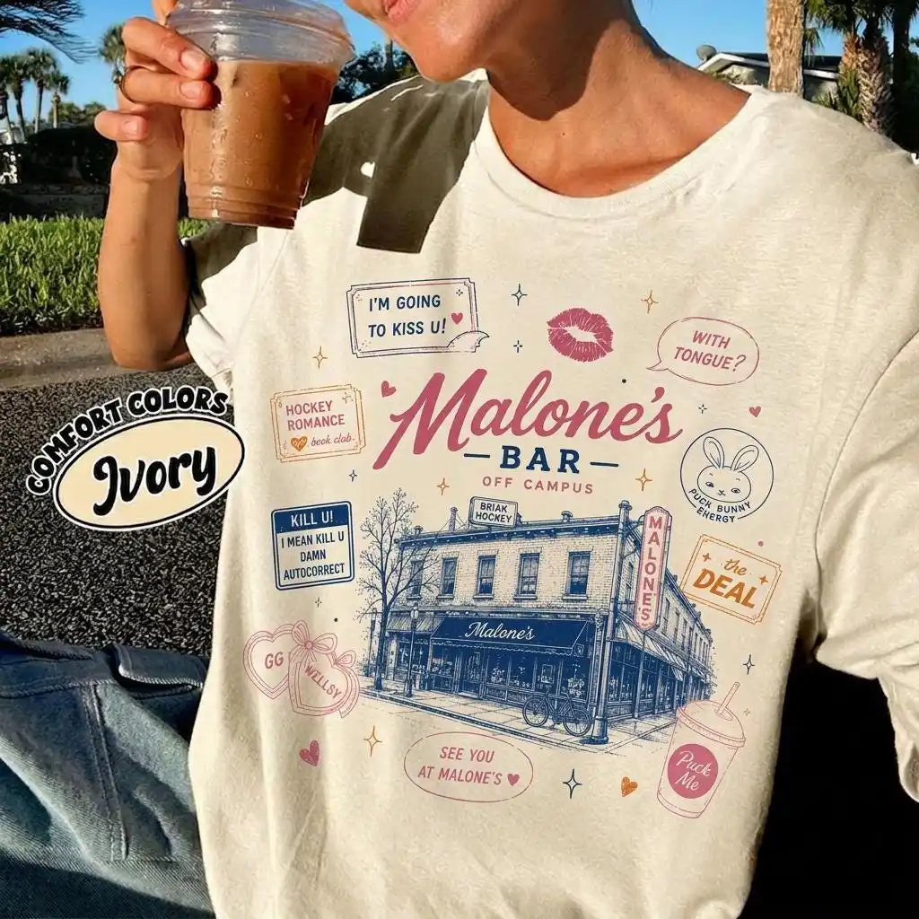 Malone's Bar T-Shirt, Best Burgers Hastings MA, College Hockey Romance Shirt, Fictional Boyfriend Tee, Campus Romance Top