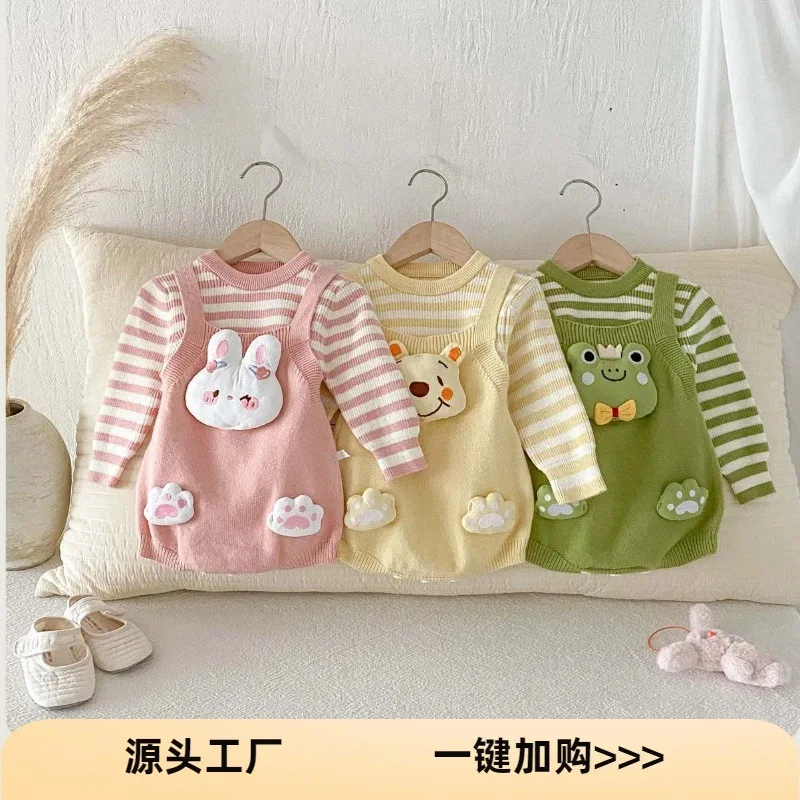 Baby Autumn and Winter New Three-dimensional Cartoon Animal Harness Striped Top, Bag Fart Set, Children's Cute Knitted Sweater