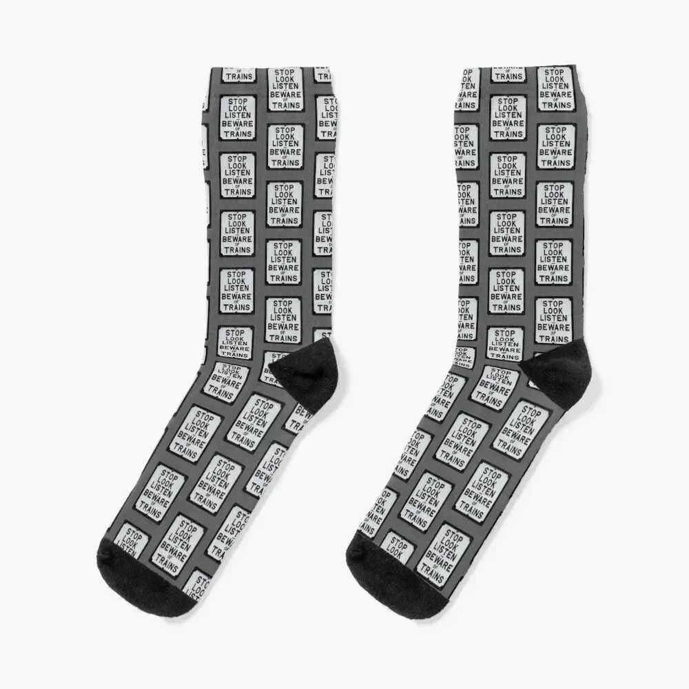 Stop Look Listen - Beware of Trains Sign Socks Run christmas gift cotton football Socks Woman Men's