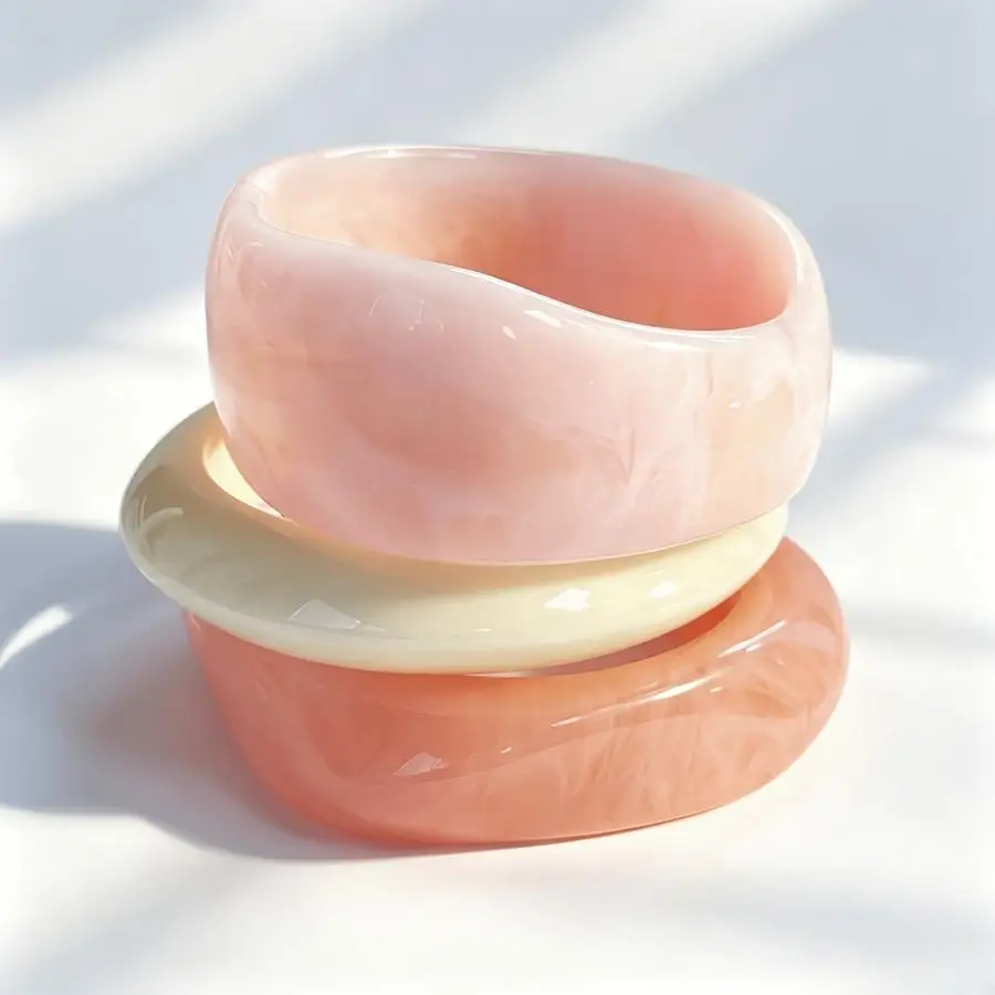1/5/10/20/50/100pcs Soft Pink Misty Smudge Resin Bracelet Set, Irregular Curved Thick Wide Stackable Bangle, Gentle Layered Fash