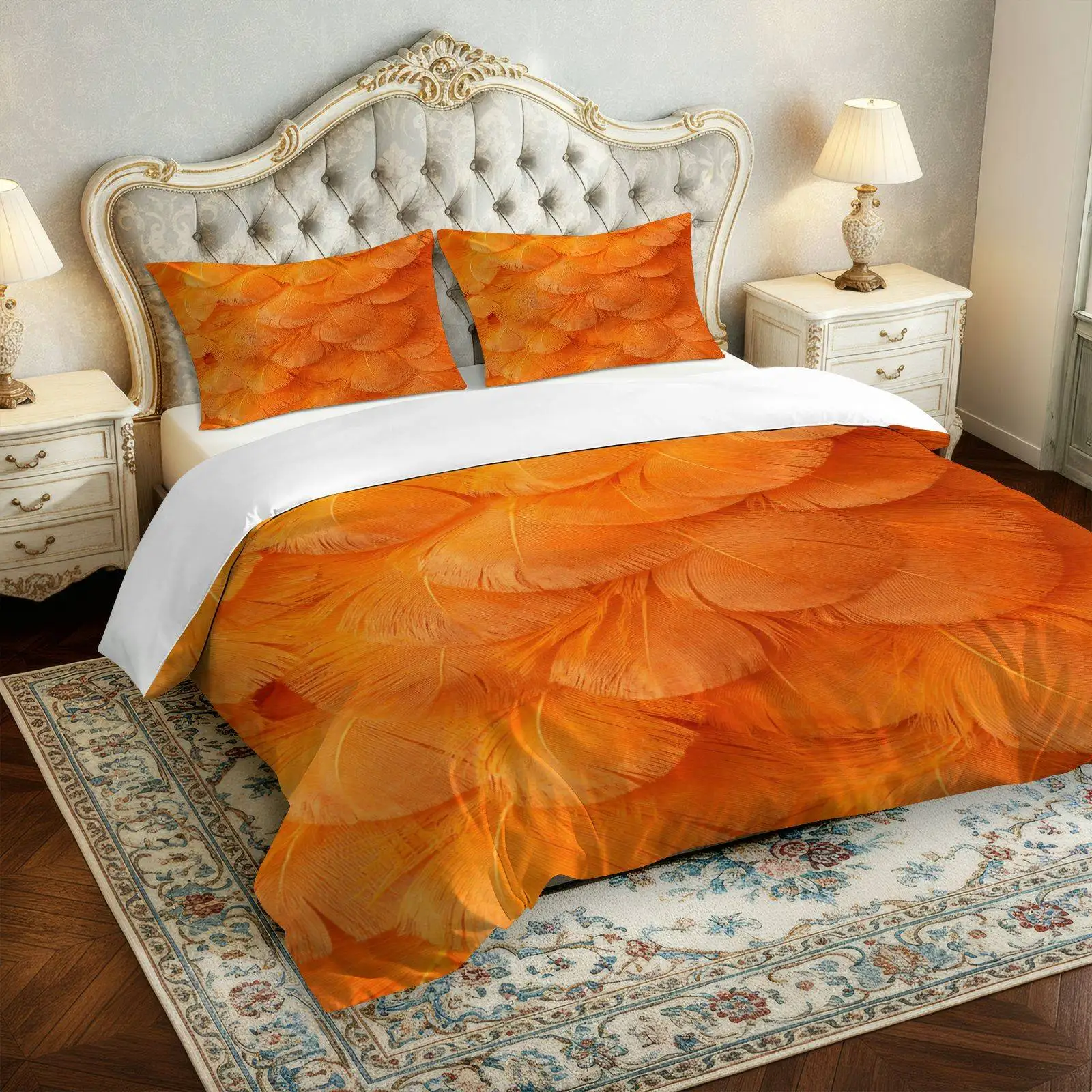 Customize 3pcs Bedding Including 1 Duvet And 2 Pillowcases (Filler Not Included), Featuring a Cozy And Vibrant Orange Feather Te