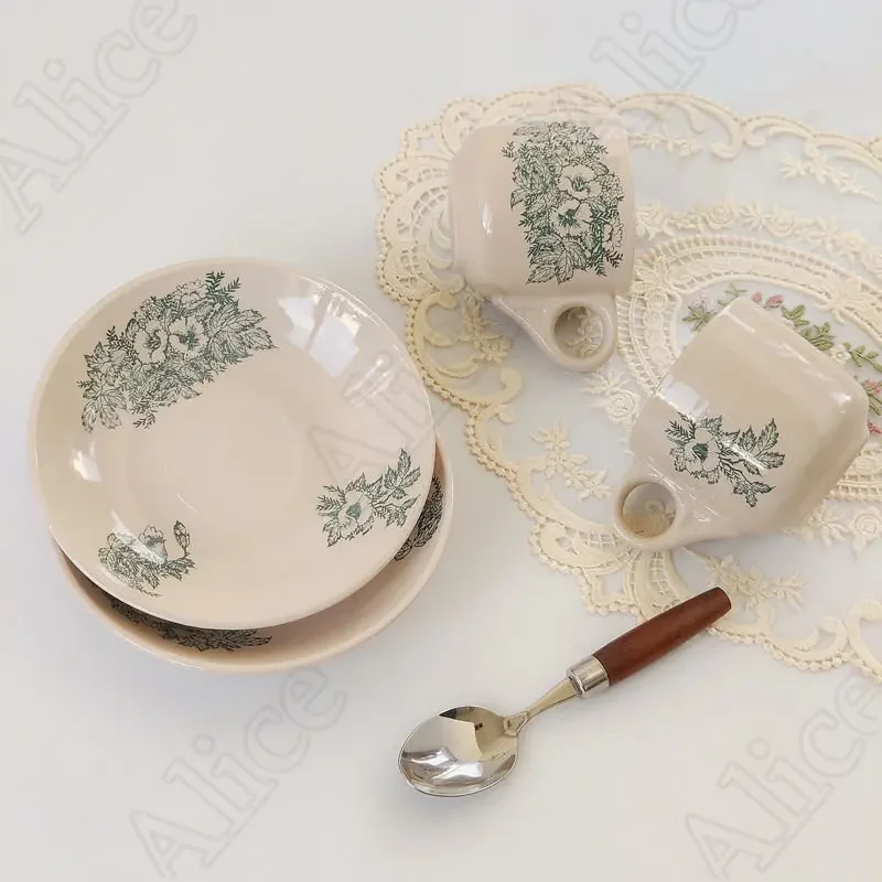 Retro Print Ceramic Coffee Cup Saucer Set Nordic Afternoon Tea Dessert Cups Green Mugs Office Household Drinking Utensils