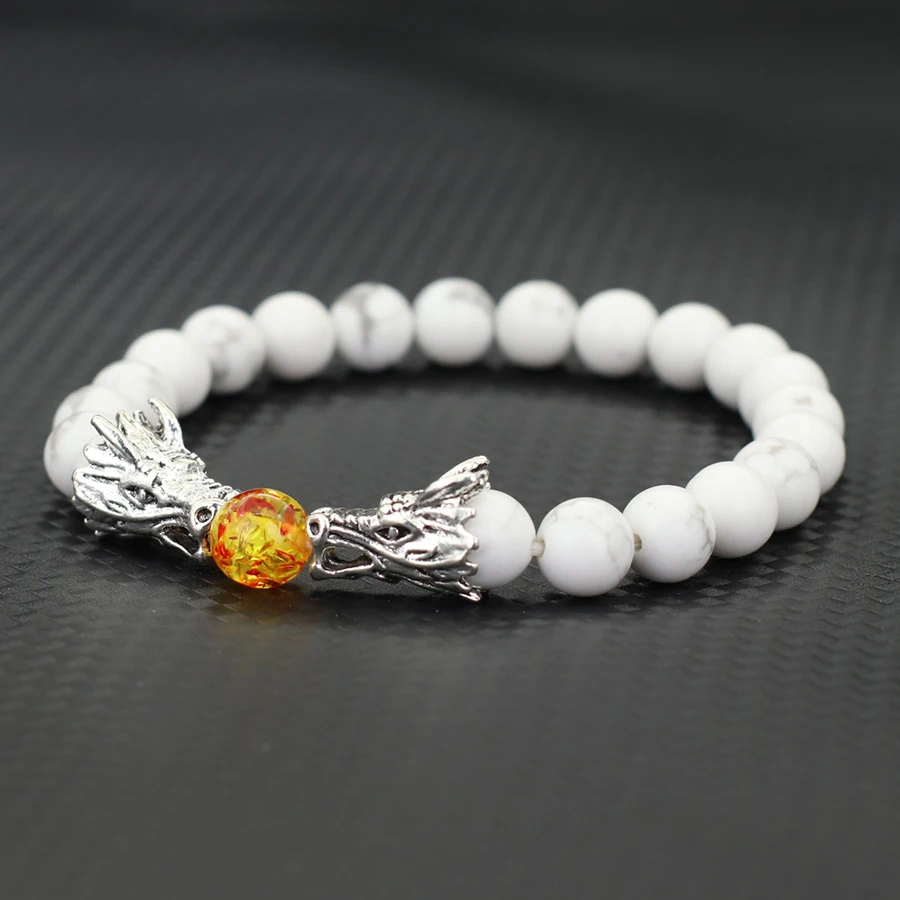 Men Natural Stone Bracelet Double Dragon Play Beads Volcanic Stone White Howlite Beaded Braslet Rock Hip Hop Cool Wrist Jewelry