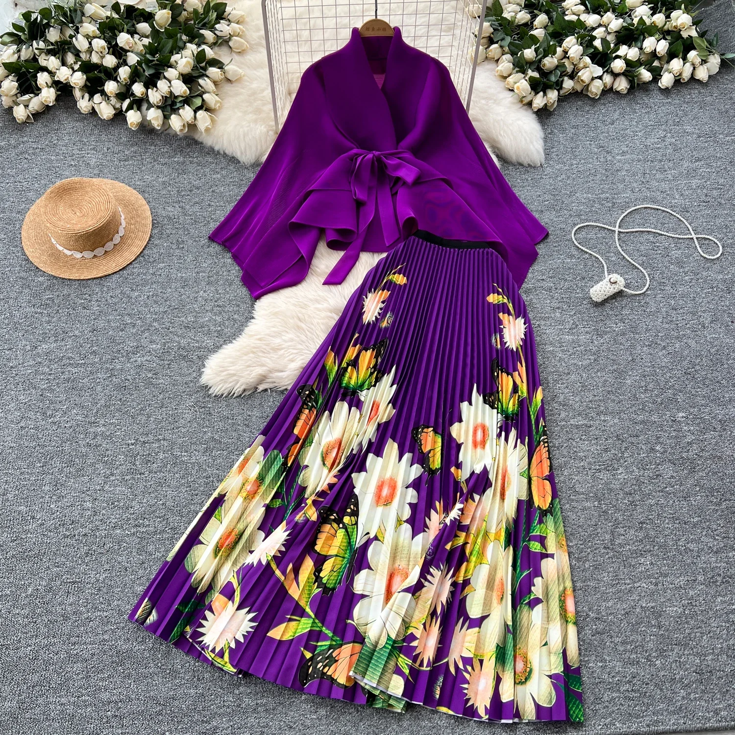 Elegant Long Batwing Sleeves Vintage Chic Bandage Loose Top High Waist Printing Pleated Skirt Evening High Street Fashion Sets