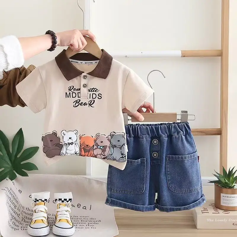 

Cute Infant Toddler Cartoon Print Summer Short Sleeve Turn Down Coallars T-Shirt+Jeans Shorts 2pcs Baby Boys Casual Clothes