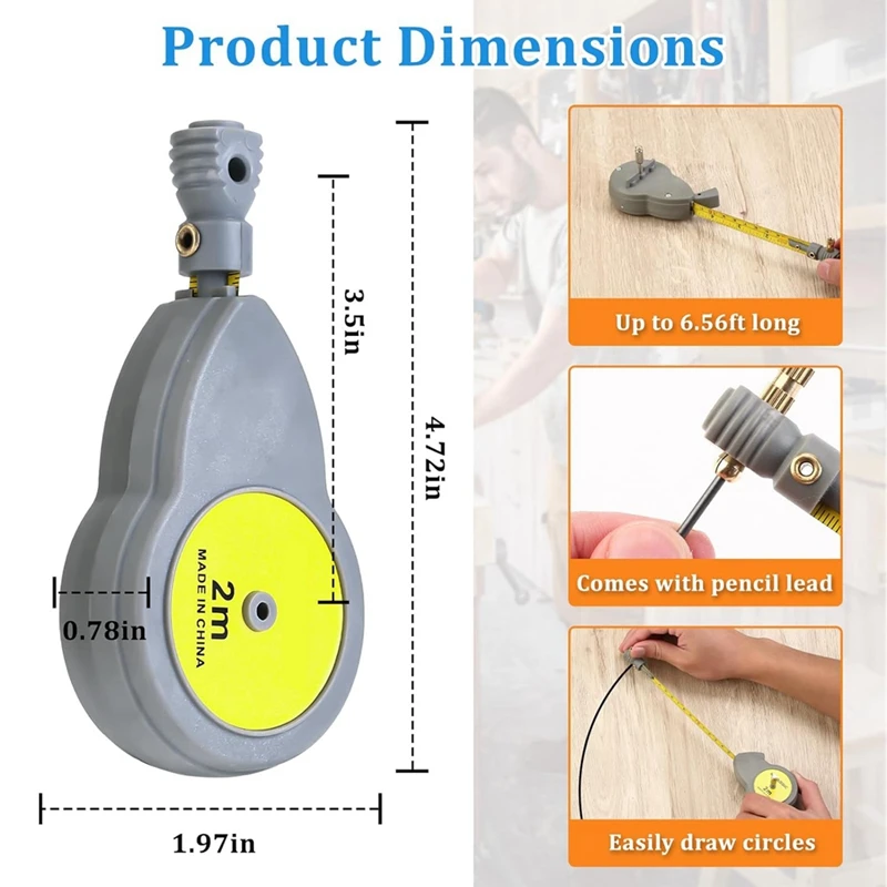 Rotating Tape Measure With 10 Pencil Leads Retractable Circle Drawing Tool For Lines And Arcs 6.56Ft Measure Beam Comp