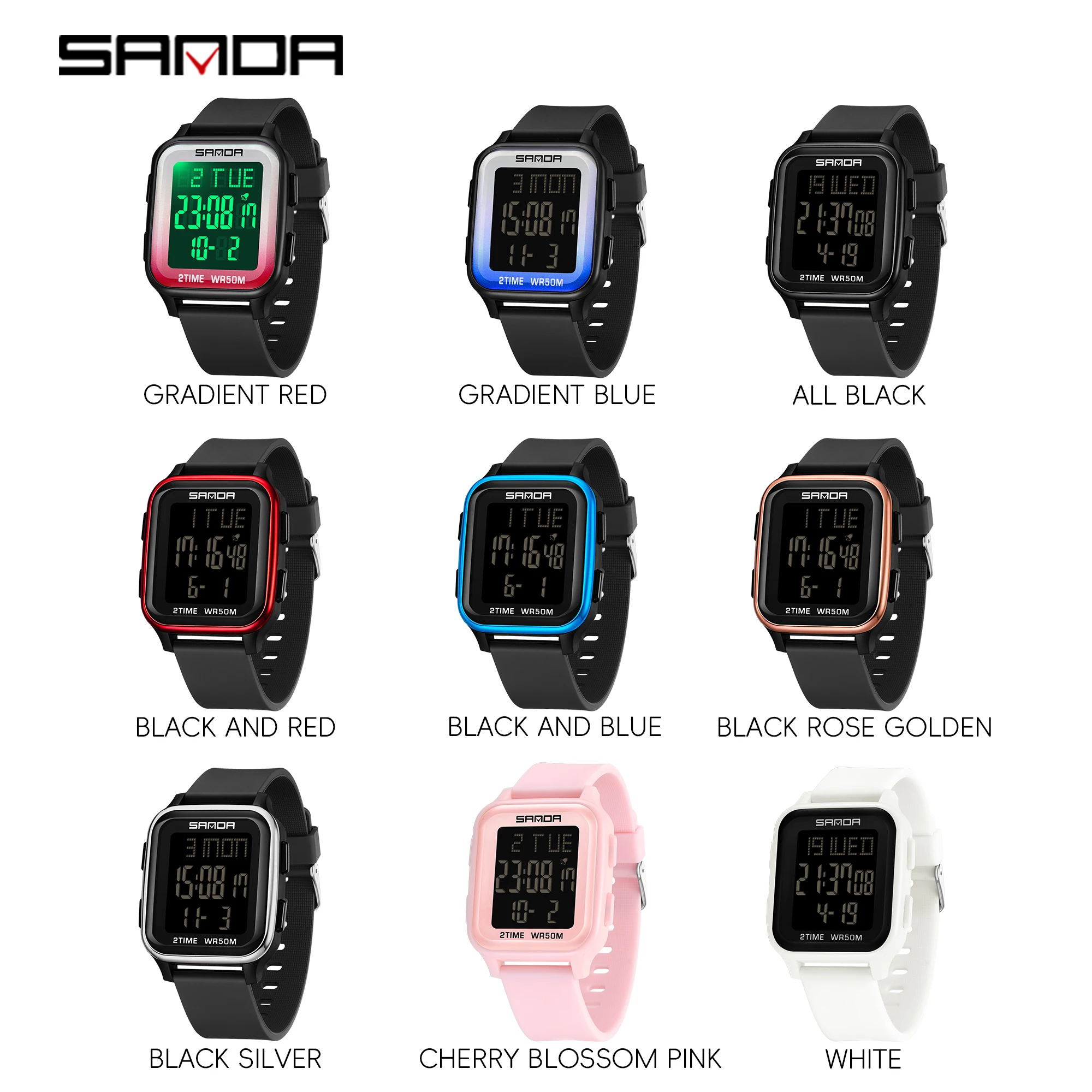 SANDA New Square Design LED Electronic Teenagers Watch Fashion Trend Multi Functional Waterproof Chronograph Clock Men\'s Watches