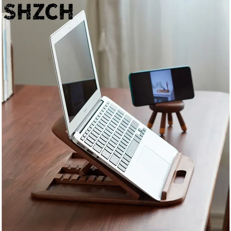 Hollow Out Heat Dissipation All Solid Wood Folding Laptop Stand Simple Retro Adjustable Multifunctional Computer Reading Stand