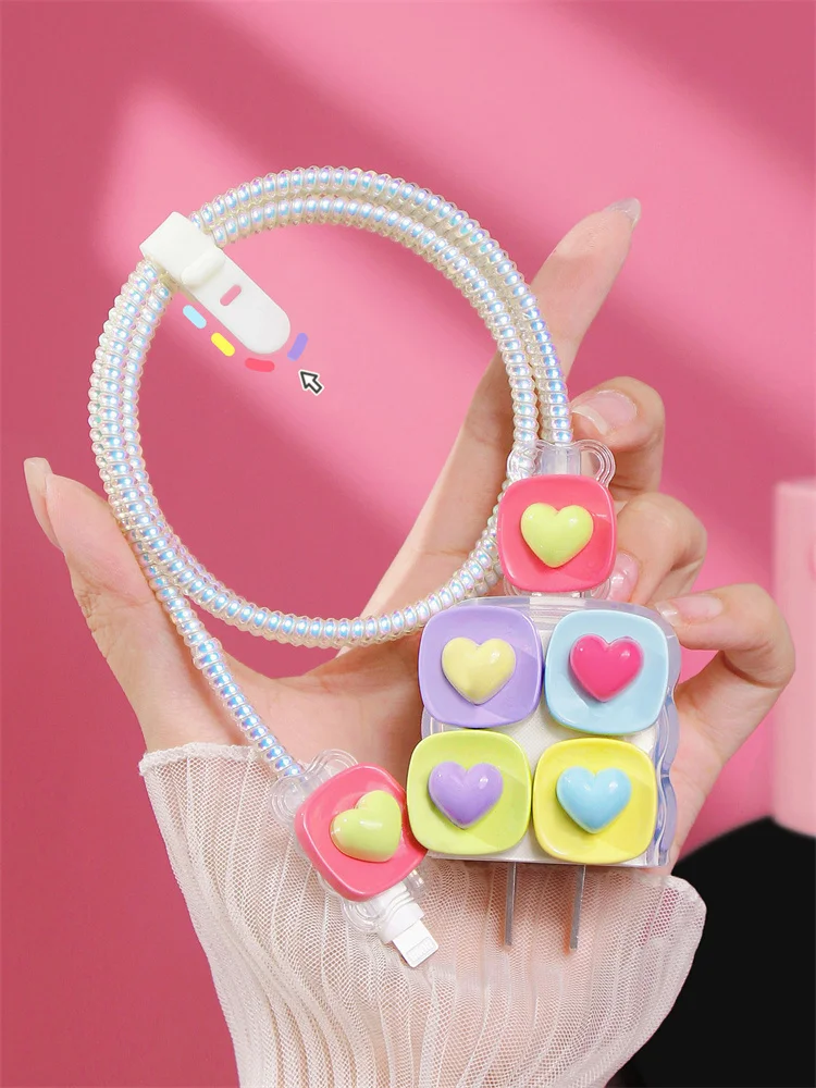 New Cute Candy Color Love Heart Charger Cover For IPhone 11 13 14 15 18W-20W Transparent Charge Protection Cover Charger Sleeve