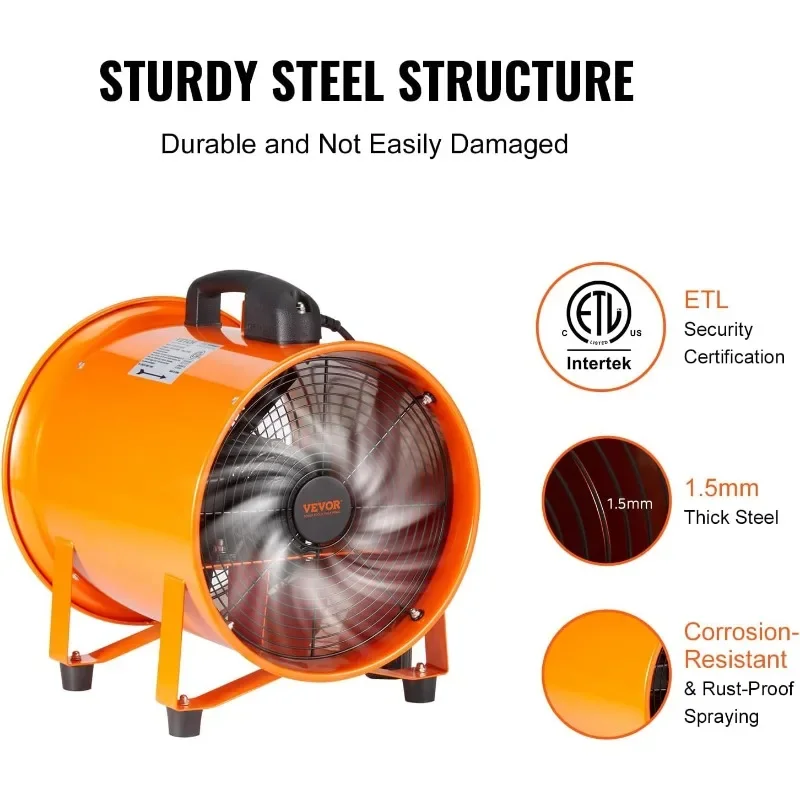 VEVOR مروحة تهوية صناعية محمولة مع خرطوم، 3198CFM 12 بوصة مروحة عادم أنبوبية شديدة التحمل مع قناة مرنة 16.4 قدم