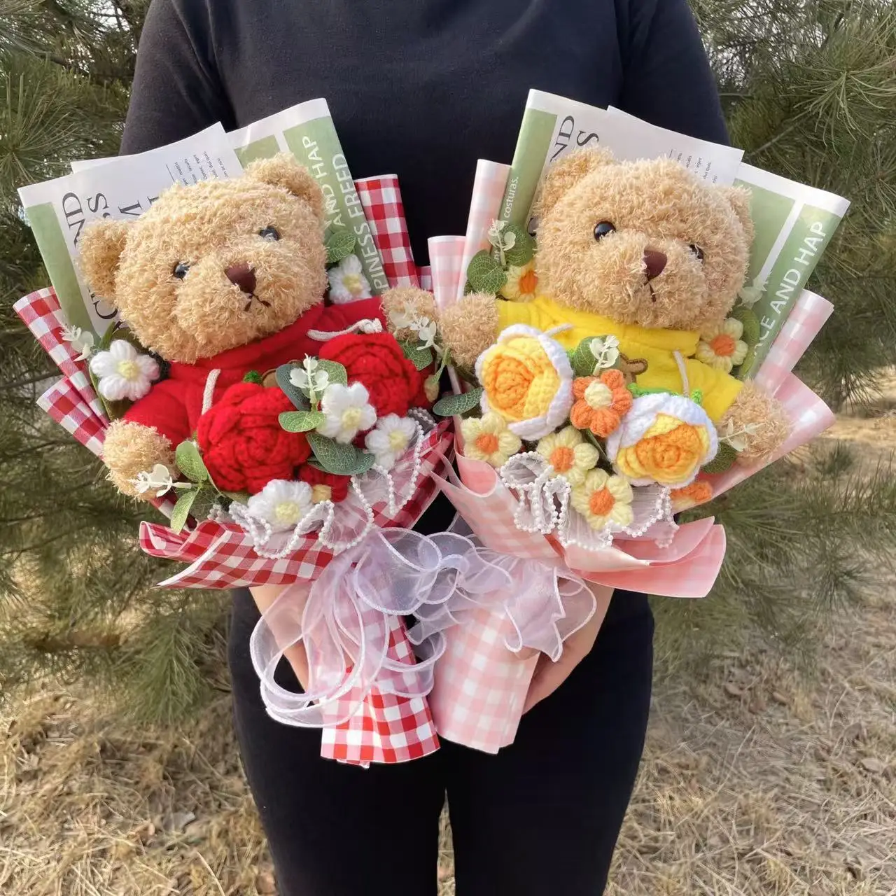 Lovely Teddy Bear Plush Dolls With Artificial Flowers Handmade Bouquet Valentine Mothers Birthday Graduation Gifts