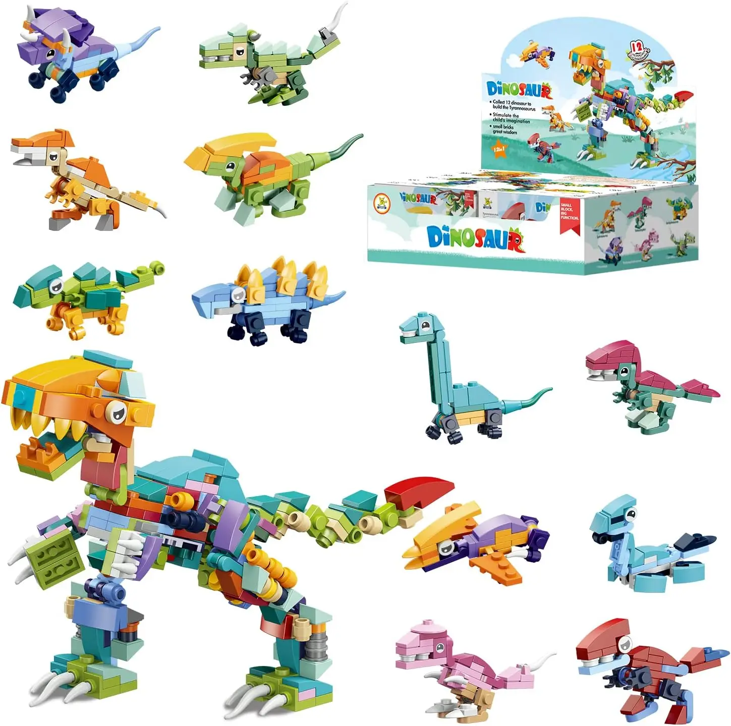 

12 in 1 Dinosaur Building Block Set, Party Favors for Kids,12 Pack Mini Animals Building Toys for Christmas