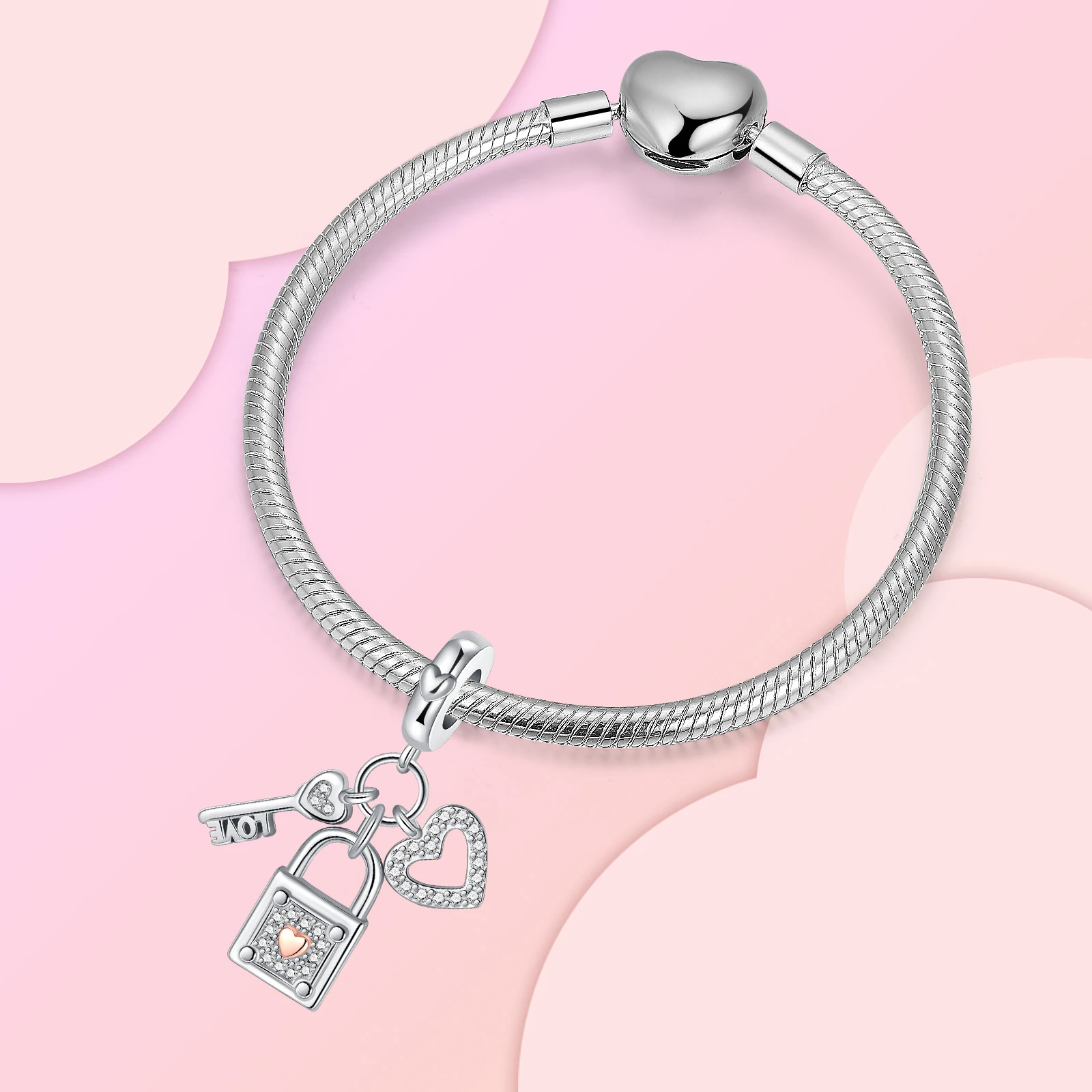 925 Sterling Silver Lock Key Love Diamond Rose Gold Pendant Charm Fit Original  Charms Bracelets Women DIY Jewelry Gift