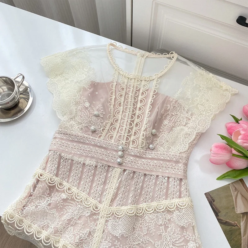 달콤한 짧은 수 놓은 꽃 허리 치핑 코트 드레스 여성 미니 스커트 스트리트 스타일 프린세스 가운 여름 시즌