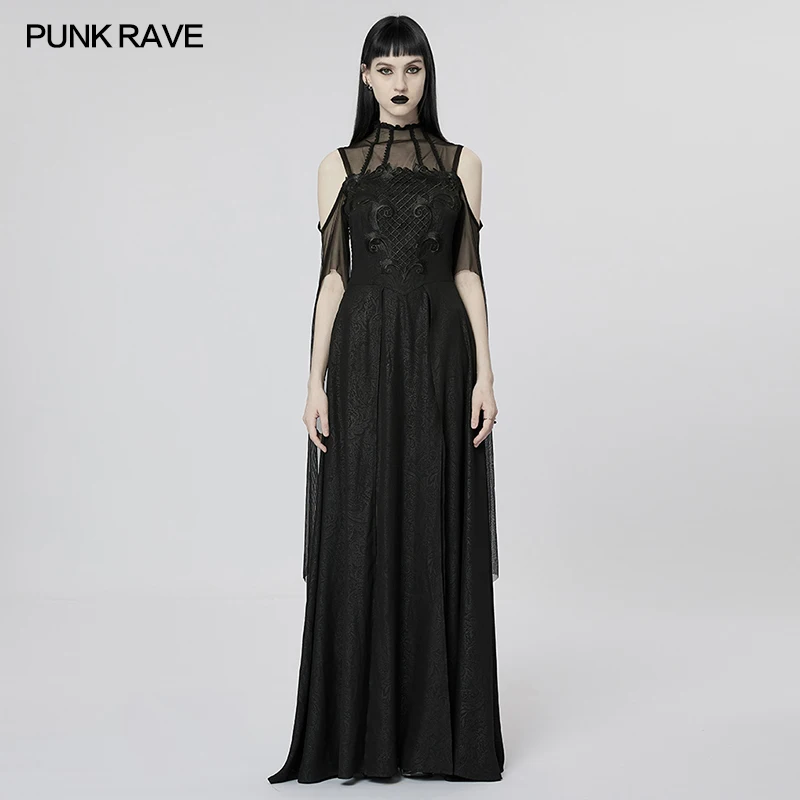 

PUNK RAVE Women's Gothic Style Printed Chiffon Goddess Dress Party Club Irregular Trumpet Sleeves Elegant Floor-Length