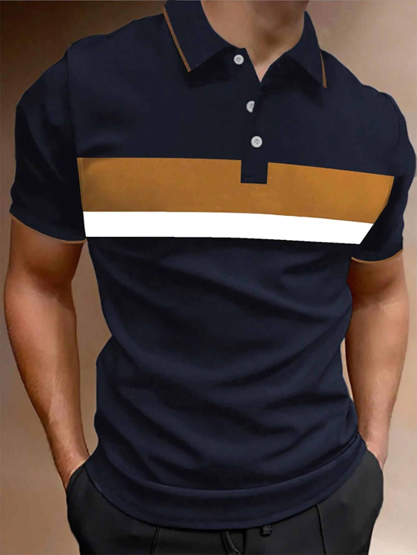 

Men's Navy Polo Shirt with Gold and White Color Block Design