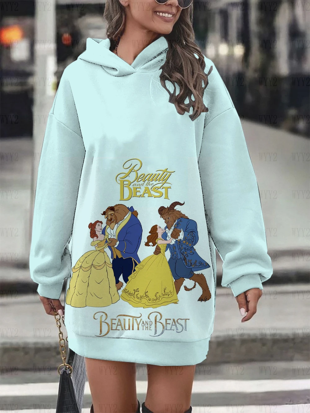 Simple Long Sleeve Hoodies Women's Loose Long Sleeve Dress Fashion Disney Beauty and the Beast Print Autumn and Winter Clothing