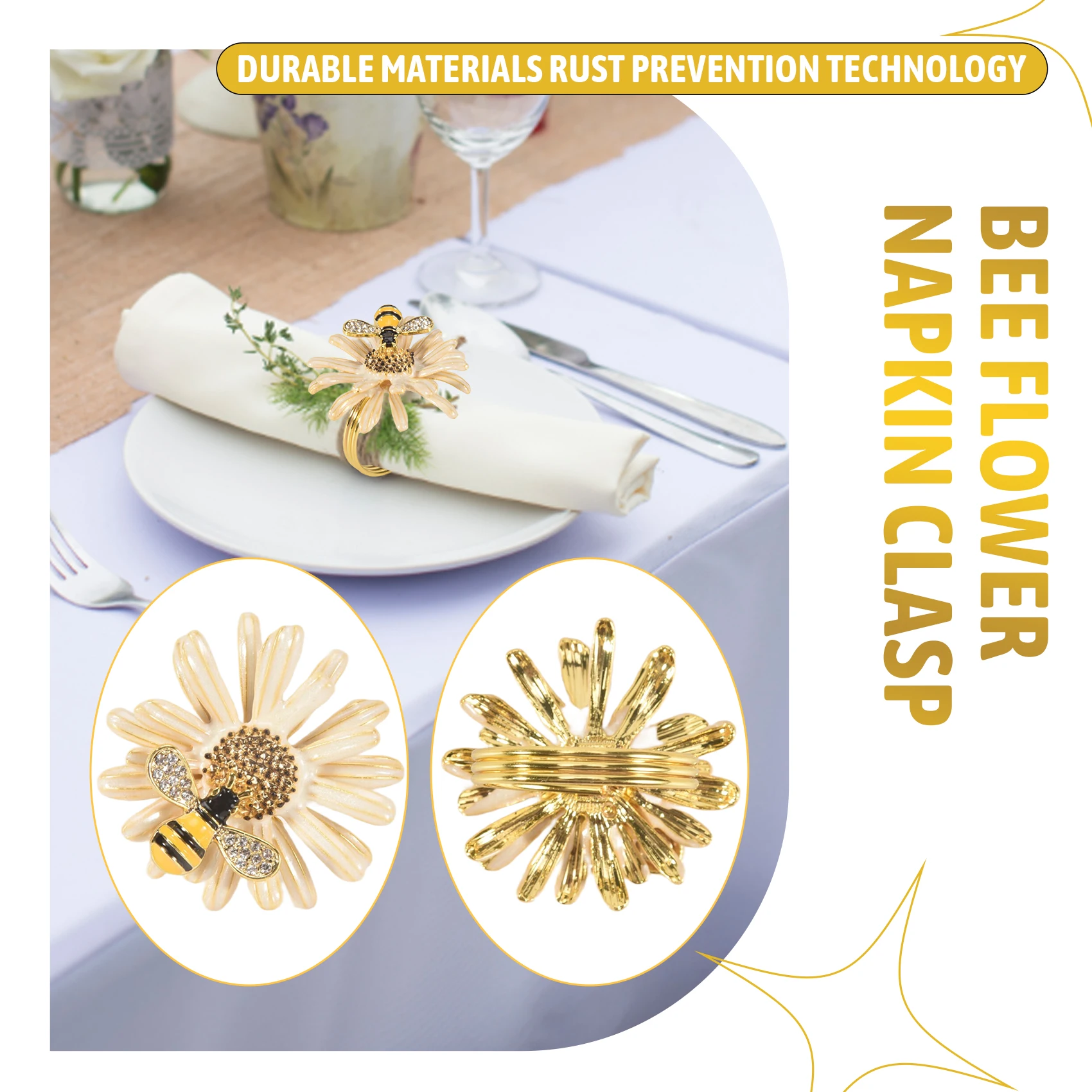 مجموعة حلقات المناديل مكونة من 6 حلقات منديل عباد الشمس ديزي، وحوامل حلقة منديل النحل الذهبي لديكور طاولة الطعام الرسمية أو غير الرسمية