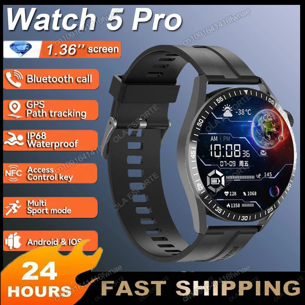 

2025 Новые умные часы для мужчин, часы 5 Pro, 1,36-дюймовый HD-экран, Bluetooth-вызовы, GPS-трекер, NFC, пульсометр, IP68, водонепроницаемые умные часы