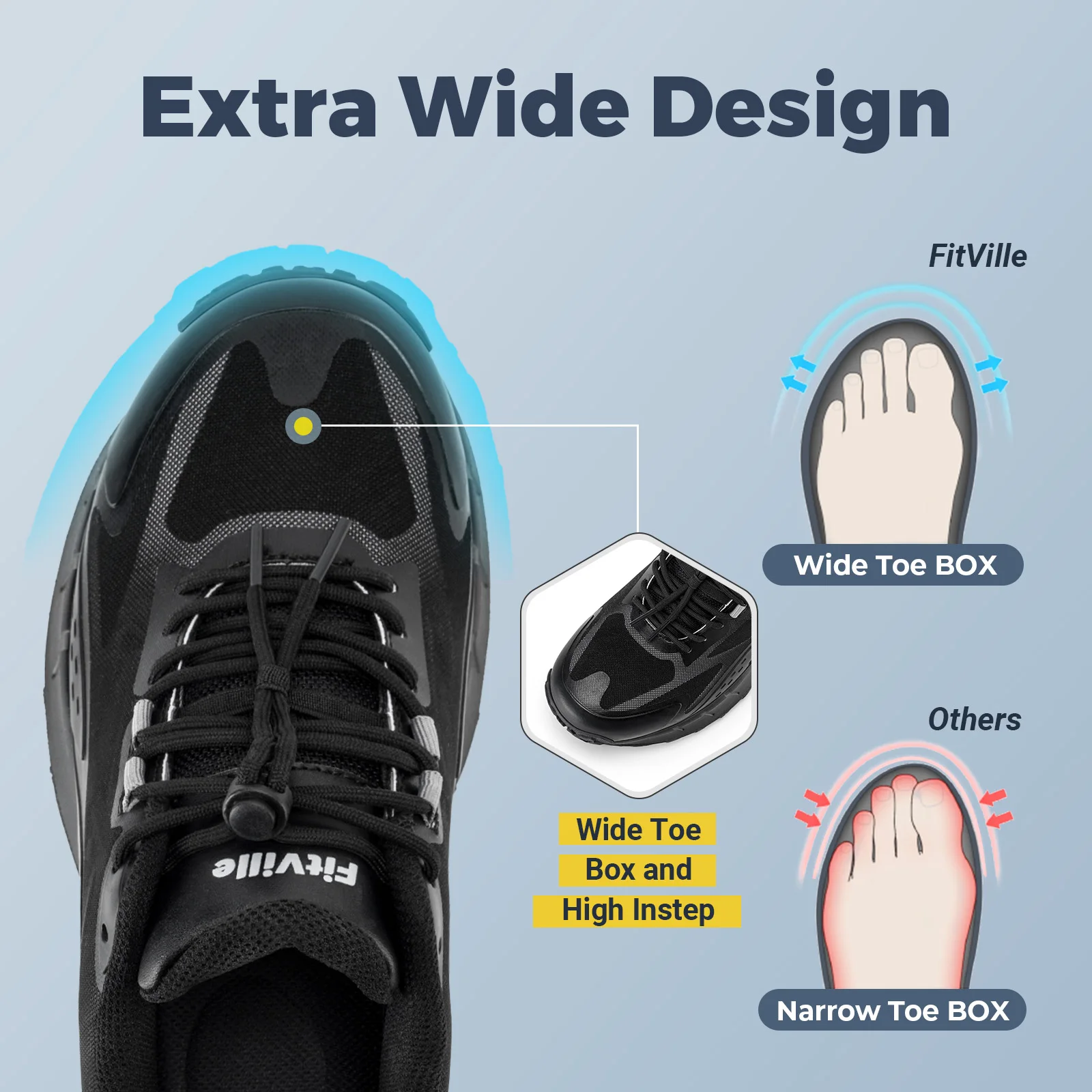 FitVille Men's Extra Wide Toe Hiking Shoes Comfortable Casual Sneakers Non-Slip Outdoor Low-top Climbing Shoes With Arch Support