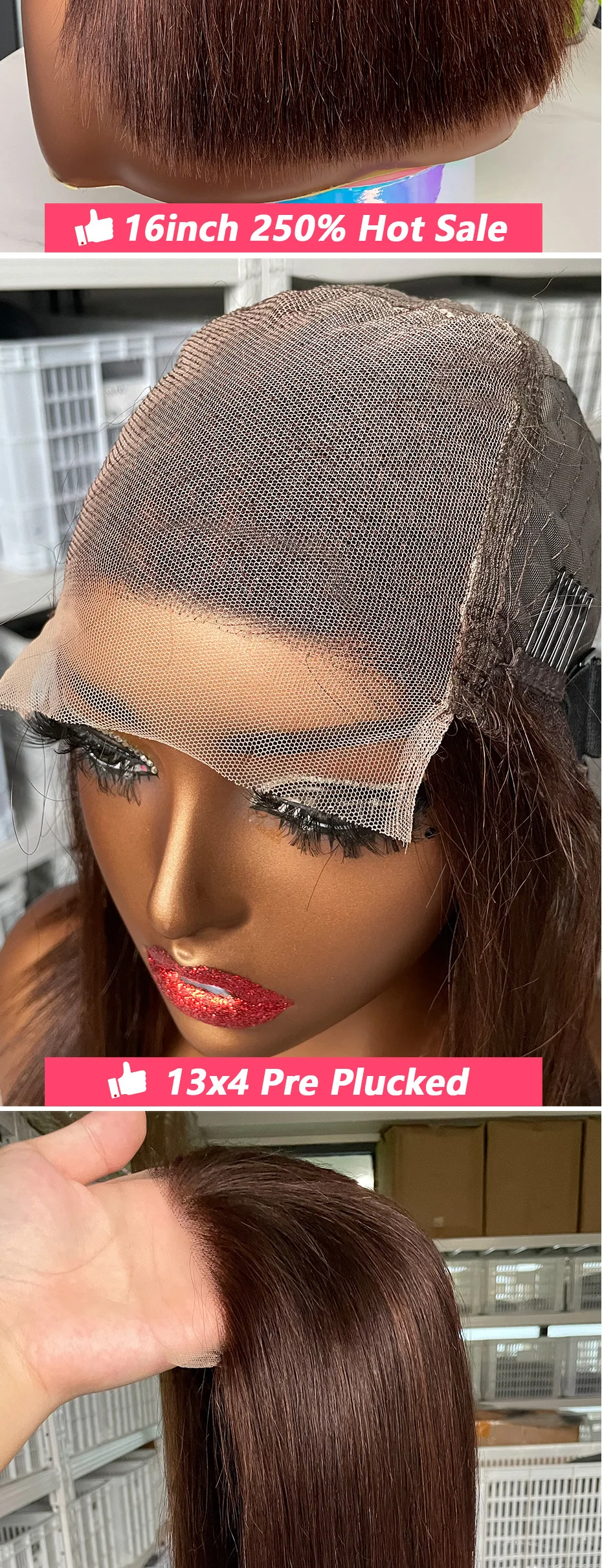 # 2 Schokoladenbraune 5x5 2x6 Front Lace Glueless Perücke 13x4 Knochenglatte Bob-Perücken 100% Echthaar Rohes Vietnamesisches Super Double Drawn – Detail 3