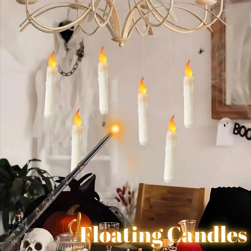 

Hanging Flameless Candles with Wand Remote Control LED Floating Candles Handheld Candlesticks for Christmas Halloween Party