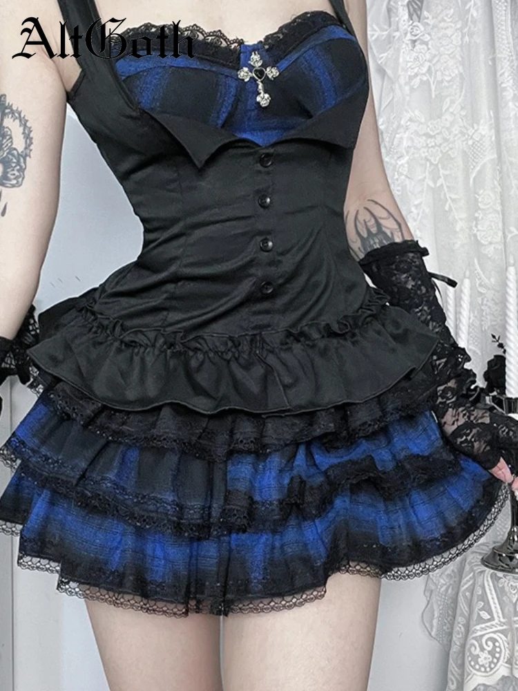 

AltGoth Cute Sweet Y2k Gothic Skirt Women Dark Streetwear Vintage 2000s Lace Patchwork Plaid Skirt Kawaii Lolita Rave Punk Skirt