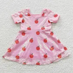 Wholesale Children Summer Back To School Baby Girl Pink Sequins Kids Apples Dress Toddler Short Sleeves Knee Length Clothing