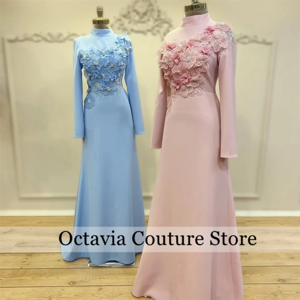 

Arabic Evening Dress Customized Full Sleeves High Neck Beading Flowers A Line Formal Occasion Dresses Arabian Prom فستان وردي